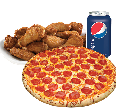 #11)- 1 Pizza 16" + 16 chicken wings or nuggets (served with BBQ sauce and fries)