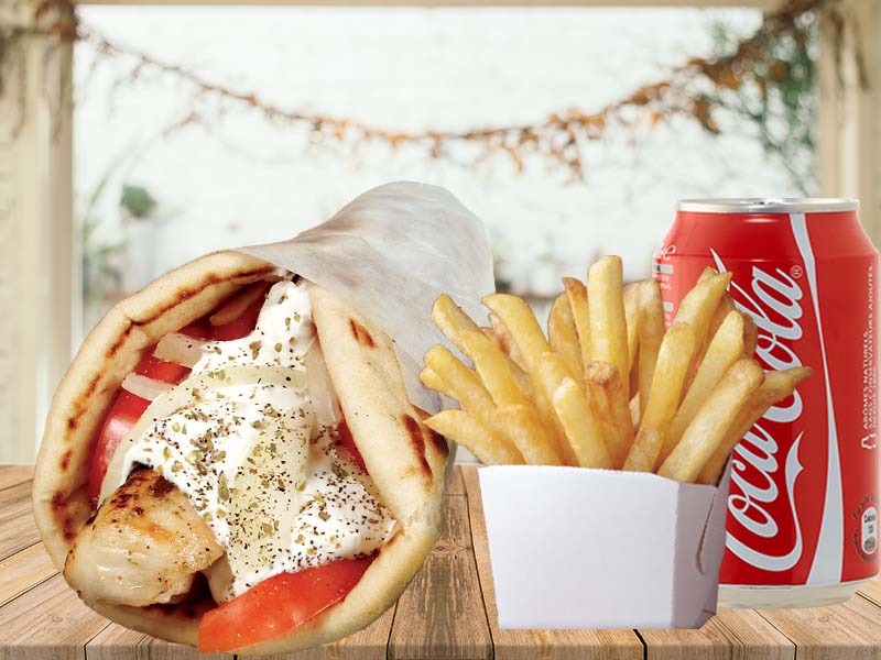 #7)  Chicken pita + Fries + 1 soft drink