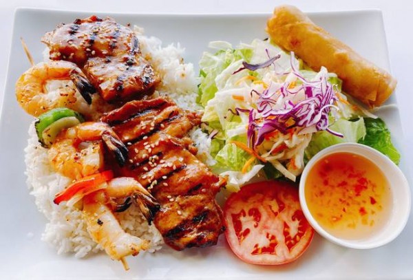 D)- Homemade soup, Imperial roll, grilled chicken, shrimp skewer, salad