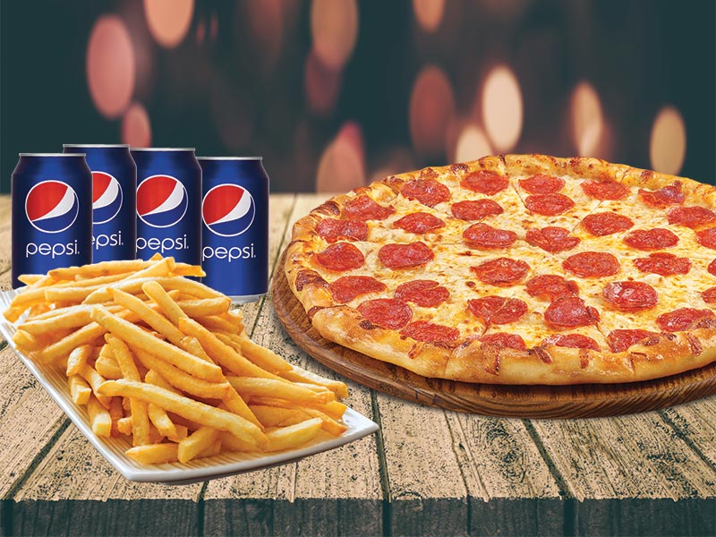 1 PIZZA 12" + Medium fries + 3 cans