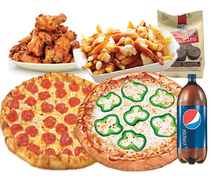 2 Pizzas 10" + 12 chicken wings or 10" subs or lasagna + 2 bags of brownies + large fries + 2L Pepsi