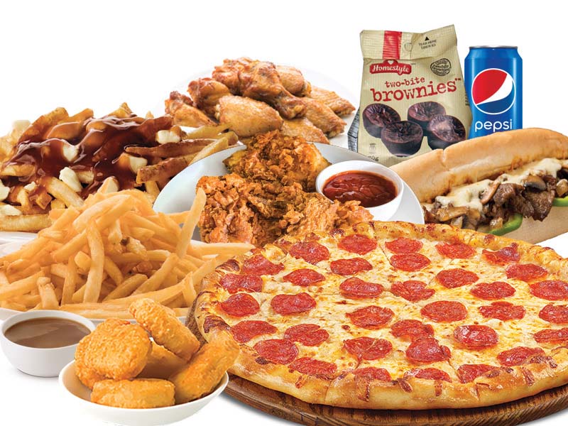 1 Pizza 16" + 10 wings or 4 pieces of fried chicken or 1 sub 10" + 1 large poutine + Fries + 2L pepsi