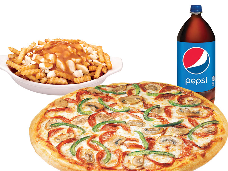 1 Large pizza 14"+ 1 Large Poutine + 2L soft drink