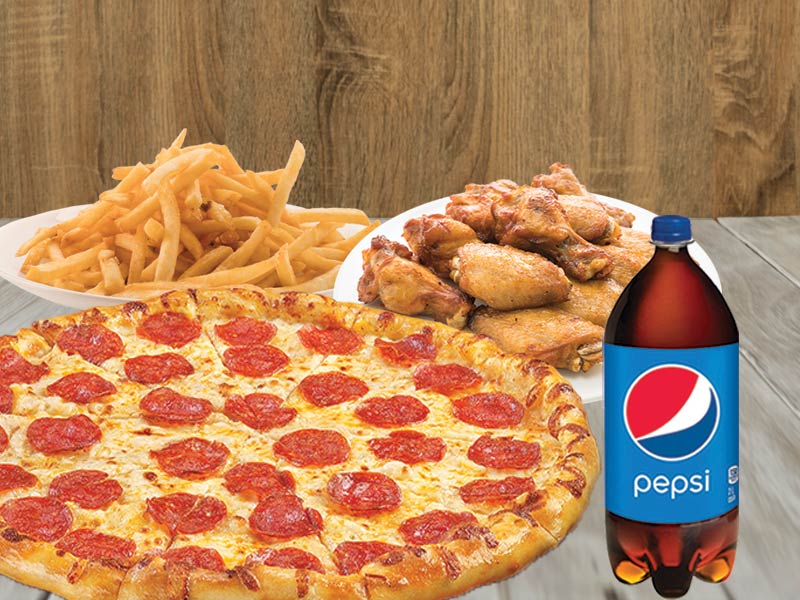 2 Pizzas 10” + small fries + 8 wings + 4 drinks (355ml)