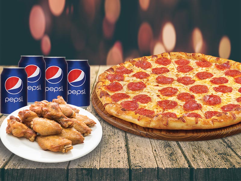 A) 1 Pizza 10” +6 wings +2 soft drinks