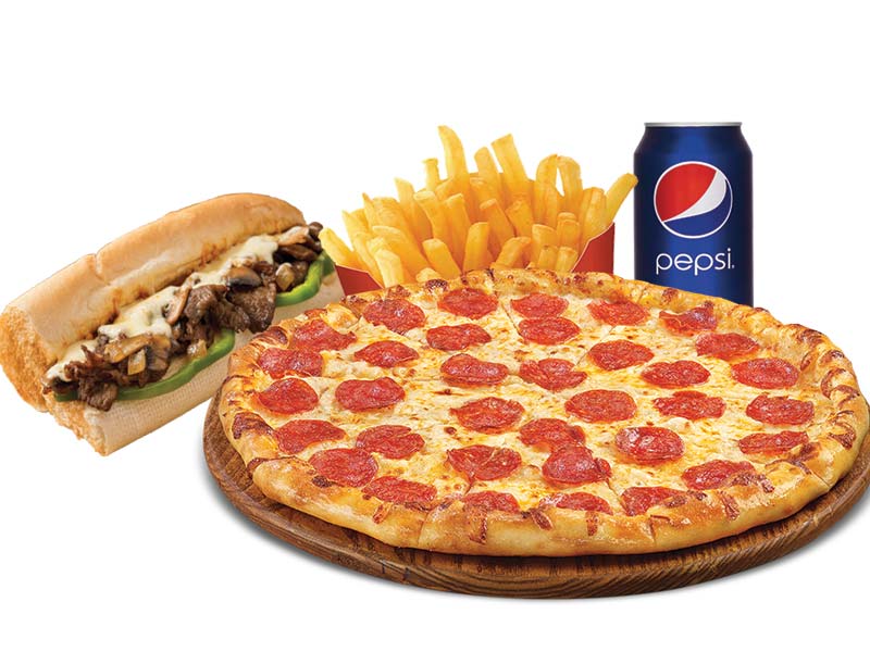 E) 1 Pizza 10” + 10" sub with fries +2 soft drinks