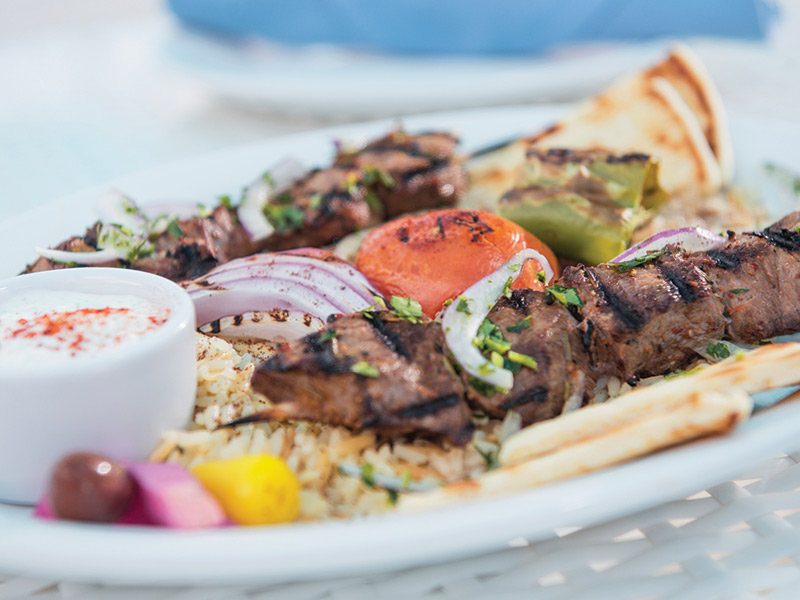 Plate of pork souvlaki