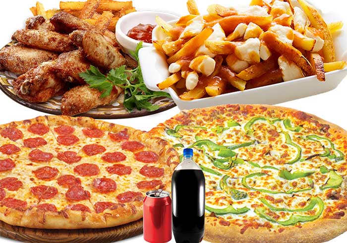 2 medium 14" pizzas + 20 chicken wings + small poutine + 4 pepsi