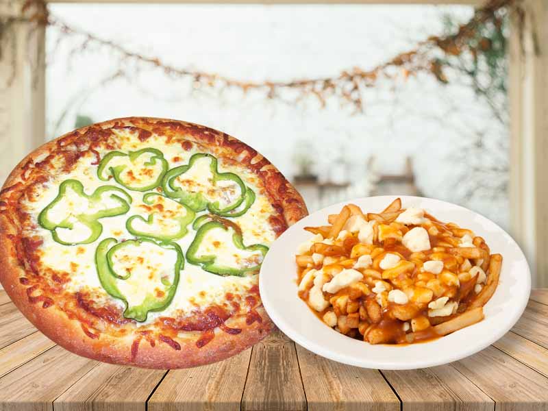 #1)- 1 Pizza 12" + small poutine (reg.) or small lasagna or small spaghetti + 2 Pepsi