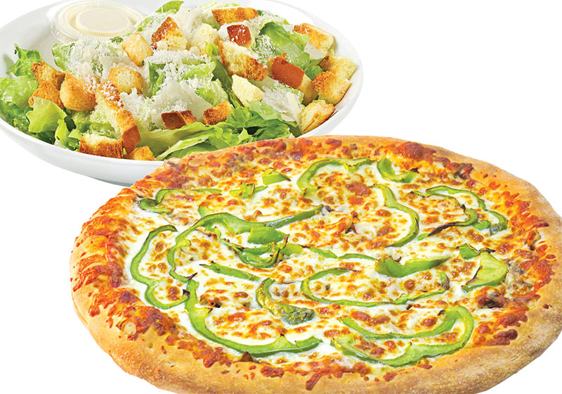 #1)- 1 Pizza 12" + small Caesar salad or 10 chicken wings + 2 Pepsi