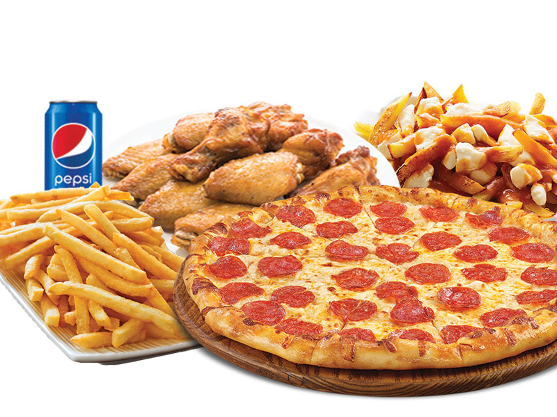 1 Pizza 12" + 12 chicken wings + 2 small fries or 1 small poutine + 2 drinks (355ml)