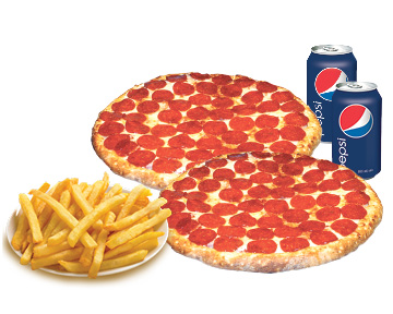 2 Pizzas + family fries + 2 drinks (355ml)